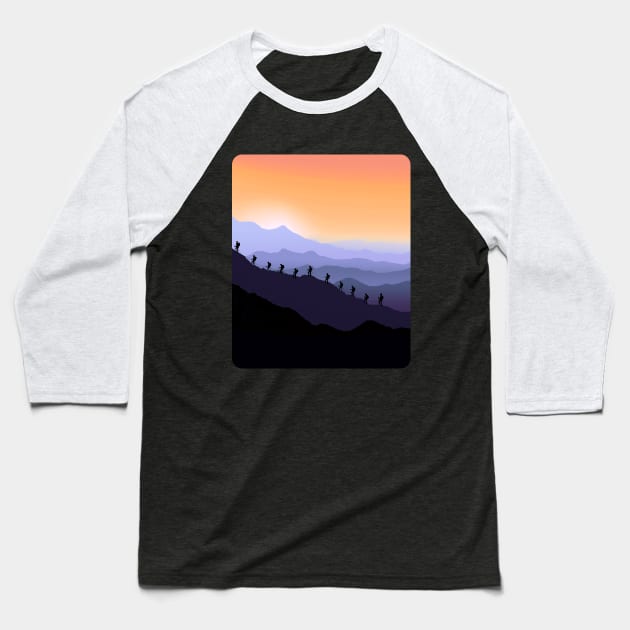 Sunset Mountains landscape, climber, mountaineering, nature colorful, violet and orange Baseball T-Shirt by Collagedream